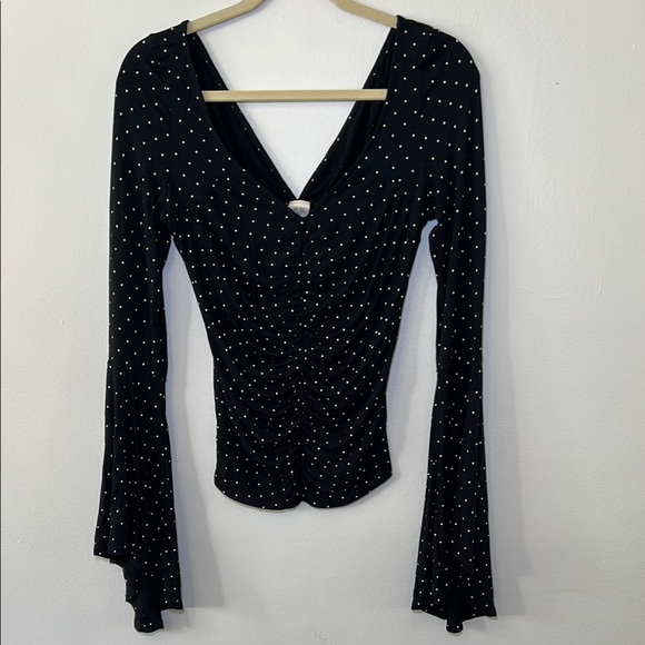 We The Free Tops - We The Free What a Babe Navy and White polka dot Bell Sleeve Blouse